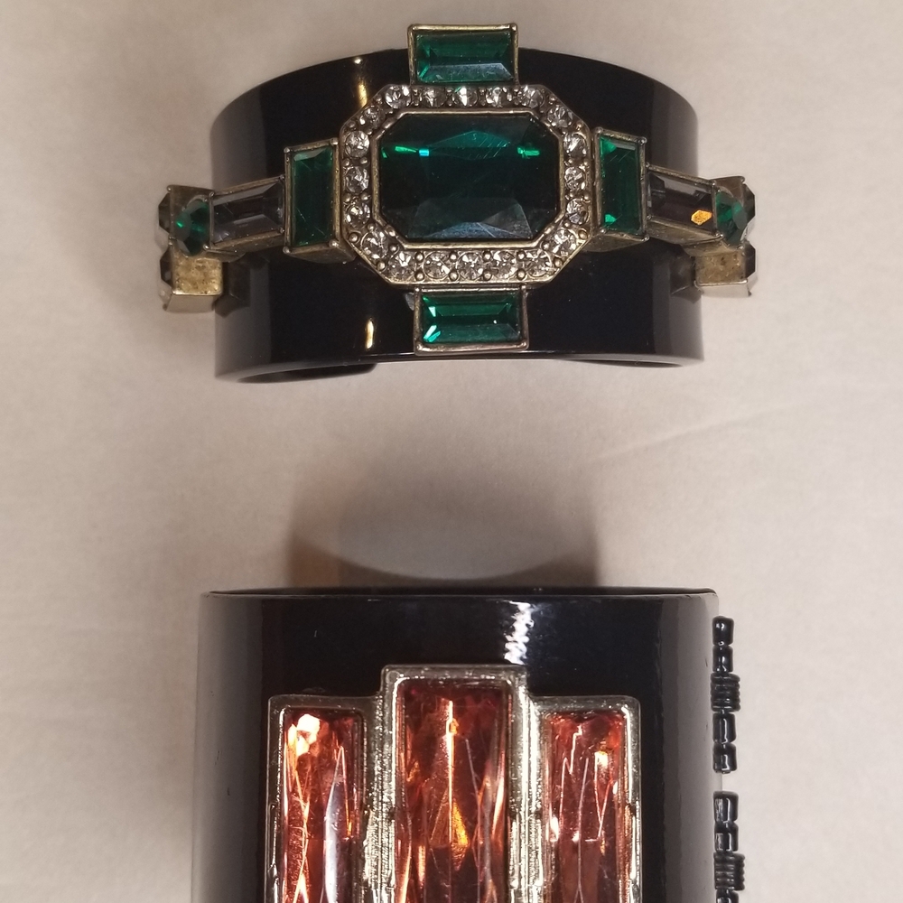 Black and Gold Cuff Bracelet with Green and Orange Gems